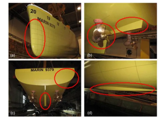 Fig. 4. Photographs of performance improvement addition on test model ship (a: V-shaped bow, b: stock propeller and skeg, c: widen transom, d: blister) 