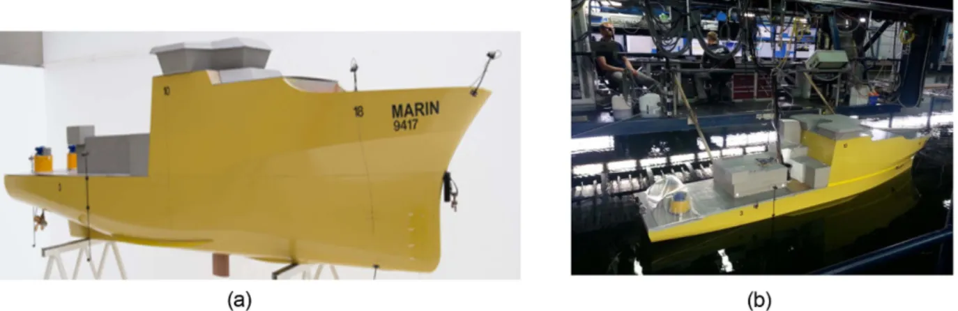 Fig. 7. Resistance test using scaled model ship (left: 12 knots, right: 15 knots) 