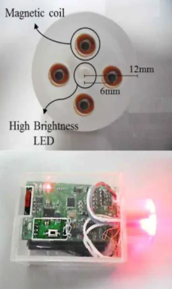 Fig. 1과 같이 PEMFs와 LED의 광 조사의 교 번 방식이 국소적 부위인 경혈을 중심으로 반경 1cm 외 다른 경피 조직을 자극하지 못하도록 최소 화하였다