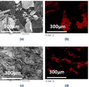 Fig. 4. SEM ion mapping of LCN2 and EG; (a) mixed LCN2  and EG powder, (b) carbon mapping of mixed LCN2 and EG  powder, (c) vertical section of compressed EG additive  compo-site, (d) carbon mapping of vertical section of compressed EG  additive composite