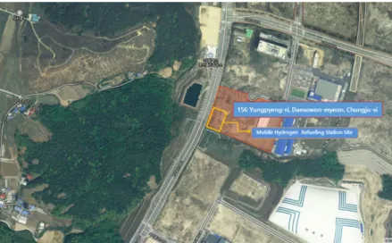 Fig. 1. Demonstration site of mobile hydrogen refueling station1.  서  론 정부는 2020년 7월 “한국판 뉴딜 내 그린뉴딜 계획”, 2020년 10월 “미래자동차 확산 및 시장선점 전 략”을  발표하며  글로벌  기후협약변화에  대응하여 “탄소중립(net-zero)”사회를 지향점으로 전기차,  수소전기차 등 그린모빌리티의 확대를 추진하기로 하였다1)