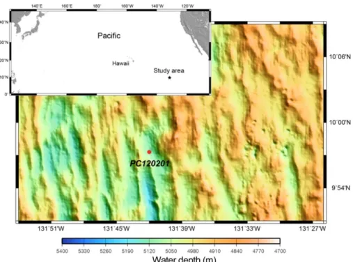 Fig. 1. Bathymetry of the study area. Well-layered flat area was selected as a sampling location using a sub-bottom profiler 