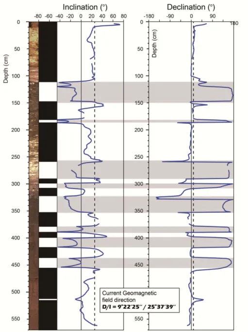 Fig. 4. Downcore variation of ChRM directions. Distinctive eight reversal events were observed throughout a core.