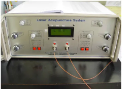 Fig.  1.  The  figure  of  808nm  laser  acupuncture  system. 2. 방법 1) 군 분리 L5 spinal nerve 결찰로 동통을 유발시킨 후 처치를 하지 않은 대조군(control, n=6), 동통을 유발시킨 후 취혈 부위에 침자한 침자군(acupuncture treatment group, AT, n=6), 동통을 유발시킨 후 연속/펄스 구 동형 808 nm 레이저 침 기기에서 펄스를 50 Hz로 고 정시