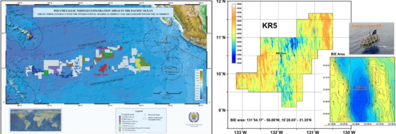 Fig. 1. Polymetallic nodule exploration areas in the Pacific Ocean under contract with the International Seabed Authority (ISA, left figure) and map of the study area with deep sea camera (DSC) observing line (right figures) 