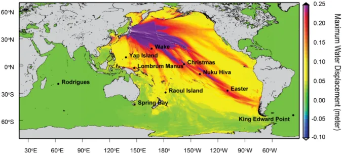 Fig. 1 displays the locations of tide-gauge stations selected in the study for the analysis of tsunami wave arrival times, which are for convenience superimposed on the distribution map of maximum tsunami wave heights computed using the finite-difference m