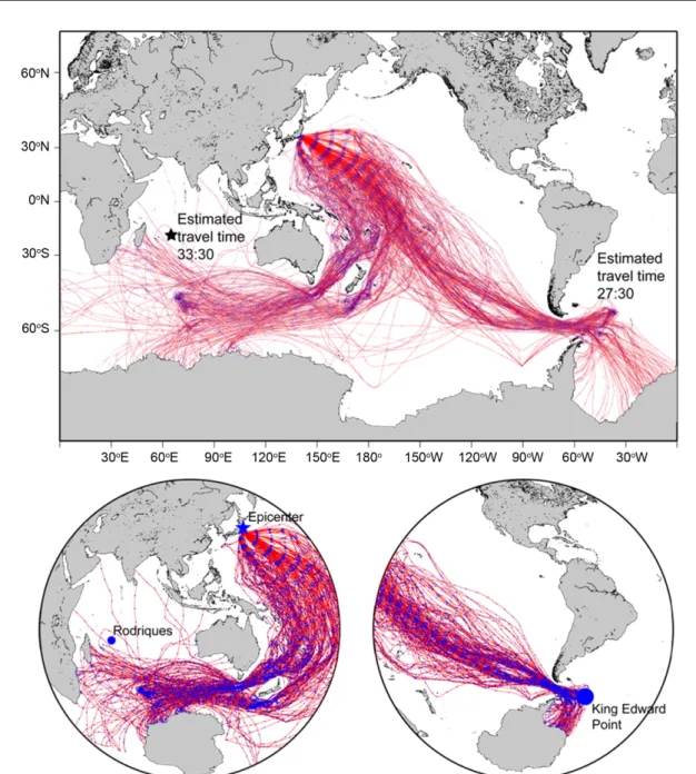 Fig. 6 shows the snapshots of the Tohoku-originated tsunami propagation pattern every 3 hours computed using the finite-difference model