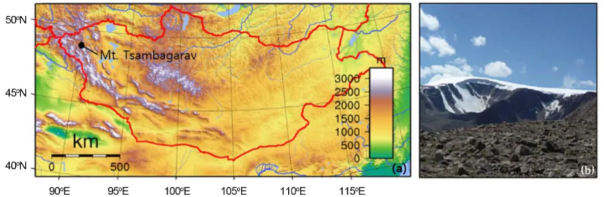 Fig. 1. Map of the location of ice core drilling site, Tsambagarav (a) and view of the Tsambagarav ice cap where an ice core was recovered (b)