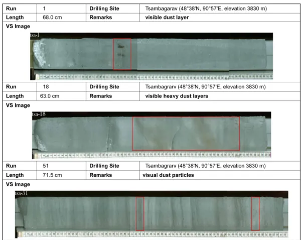Fig. 5. Visual stratigraphy of the selected Tsambagarav ice core sections. Well-preserved dust layers and dust particles sparsely scattered in the ice are shown in red squares