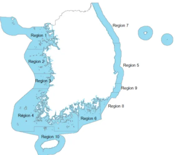 Fig. 1. Division of the coastal areas of Korea료를  기반으로  조류에너지  잠재량을  산정하였으며, 관측자료의 낮은 공간 해상도를 보완하기 위하여 조류에너지가 풍부한 인천‧경기와 전라남도 연안의 해수유동 수치모의 자료를 사용하여 조류에너지 잠재량을 산정하였으나3),  조사구역의 분류가 개략적으로 수행되며 행정구역의 분류가 부정확한 해역이 있다