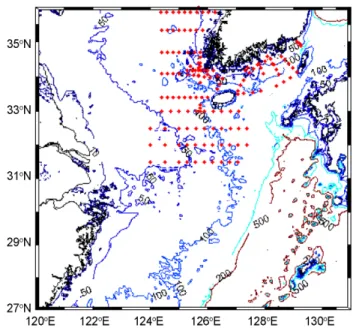 Fig. 1. Study area and nutrient sampling stations (marked with diamond symbols in red) in the East China Sea and South Sea of Korea