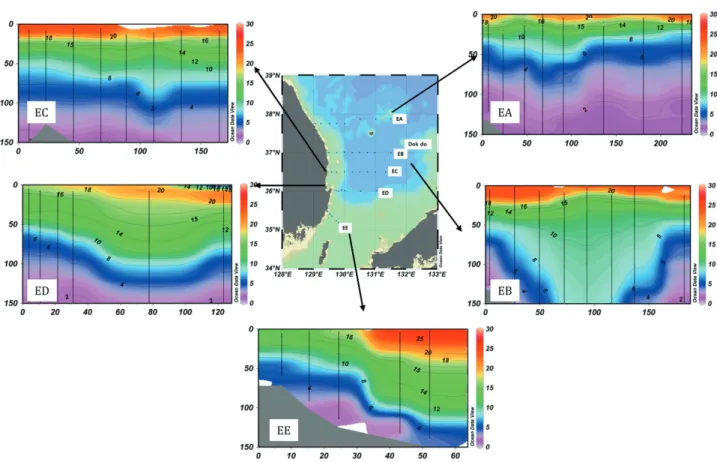 Fig. 9. Vertical cross sections of temperature observed during August 2011 