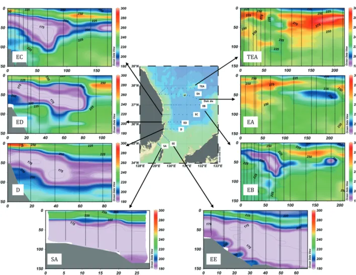 Fig. 16. Relationship between surface chlorophyll-a concen- concen-tration and integrated chlorophyll-a concenconcen-tration within 75 m water column along the 131 o E line of the East Sea during July 2009