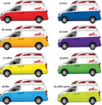 Figure 8 demonstrates various models of vehicles on which chevron patterns that demand and capture attention are applied