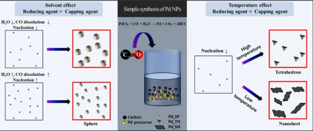 Fig. 1. Schematic diagram of synthesis of shape-controlled Palladium용액 중 팔라듐 전구체가 모두 환원될 때까지 1,000 mL/min의 CO를 용액 속으로 흘려준다