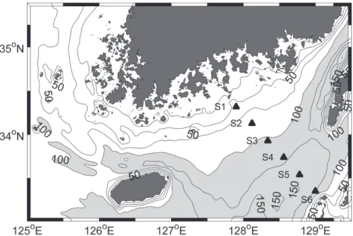 Fig. 1. Model domain and bathymetry. Black triangles indicate ADCP mooring locations deployed by Teague et al.