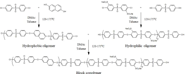 Fig. 1. Synthesis of oligomers and block copolymer 있기 때문에 지속적인 운용이 가능하다.  연료전지의  많은 장점에도 불구하고 아직 연료전지 시장은 활발 하지 않은 여러 가지 이유 중 가장 핵심이 되는 문제 는  생산에  필요한  재료가  높은  가격으로  구성되어  있고 내구성이 현저히 낮기 때문이다 2,3) 