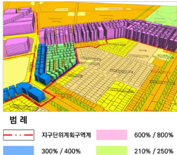 Fig.  7.  Example  of  2D  Maps  of  District  Unit  Plan 2.2.2  지구단위계획  결정도서의  현황  및  작성지침  고찰 지구단위계획은 그 지정목적의 달성에 필요한 사항을 효과적으로 전달하기 위해 표기 정보 및 계획사항이 명시된 도면 및 보고서 등을 작성지침에 따라 지구단위계획을 결정하기 위한 세 가지의 결정도서를 제공한다[22]