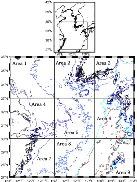 Fig. 1. Study area in the East China Sea and South Sea of Korea. The cross lines indicate nine-different areas based on the vertical section at 124 o E and 127.5 o E and the horizontal section at 33 o N and 30 o N 