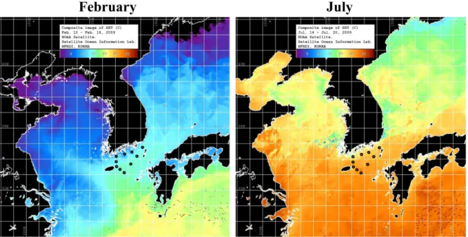 Fig. 2. Weekly average sea surface temperature (SST) derived from NOAA/AVHRR during sampling periods in February and July 2009
