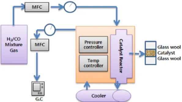 Fig. 1. Schematic flow diagram of direct methanation 첨가하여 혼합하여 준다.  교반이 끝난 뒤 충진기에 넣고 30기압 1시간 동안 질소를 통과시켰다