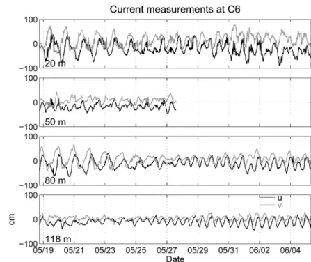 Fig. 2. Time series of currents at four level (20, 50, 80, and 118 m) observed at mooring C6