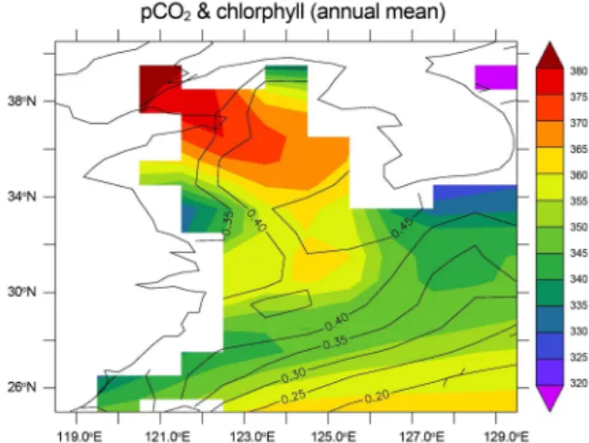 Fig. 4. Comparison of surface pCO2 (shading), and (a) chlorophyll averaged between surface and 70 m; (b) SST; (c) SSS (contour) during spring (March, April and May) between 2001 and 2020