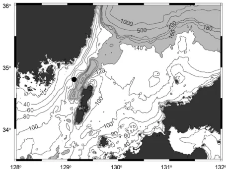 Fig. 1. Hydrographic station (solid circle) and bottom topography of the Korea Strait