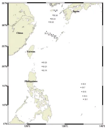 Fig. 1. Sampling stations of mesozooplankton in the four sampled regions from the northwestern Pacific Ocean; Warm pool (St