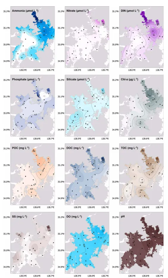 Fig. 2. Surface distribution of ammonia, nitrate, phosphate, silicate, chlorophyll-a (Chl- a ), particulate organic carbon (POC), dissolved organic carbon (DOC), total organic carbon (TOC), suspended solid (SS), dissolved oxygen (DO), and pH in the surface