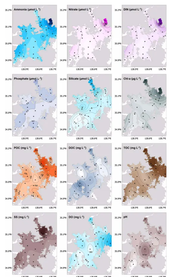Fig. 3. Surface distribution of ammonia, nitrate, phosphate, silicate, chlorophyll- a  (Chl- a ), particulate organic carbon (POC), dissolved organic carbon (DOC), total organic carbon (TOC), suspended solid (SS), dissolved oxygen (DO), and pH in the surfa