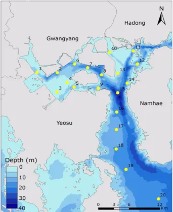 Fig. 1. Location and water depth of study sites in Gwangyang Bay, Korea 