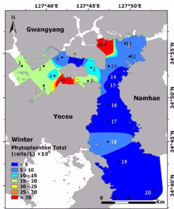 Fig. 4. Horizontal distribution changes of total phyto- phyto-plankton abundance for surface layers in Gwangyang Bay from 6 to 7 February, 2010