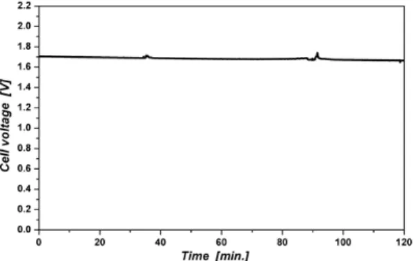 Fig. 6. Continuous operation at 120℃ and 1 A/cm 2  of mem- mem-brane electrode assemblies equipped with CL-SPEEK/ 
