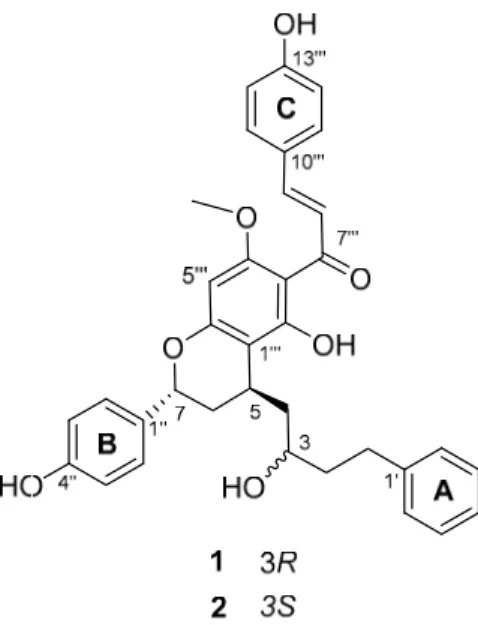 Figure 1. Chemical structures of compounds 1 and 2 from the seeds of A. katsumadai. 