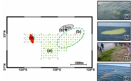 Fig. 3. Monitoring of massive green macroalgal blooms identified from MODIS imagery in the northern East China Sea from May through July 2008