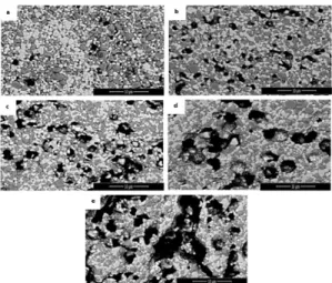 Fig. 2. SEM micrographs of NiO-YSZ composite having po- po-rosity values of (a) 6.1%; (b) 21.1%; (c) 21.8%; (d) 28.2%; and  (e) 30.0% induced by various amounts of PMMA