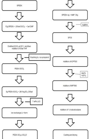 Fig. 1. Schematic sythesis procedure of polymer electrolyte  membrane of CL-SPEEK/Fixed MoPA composite  mem-brane