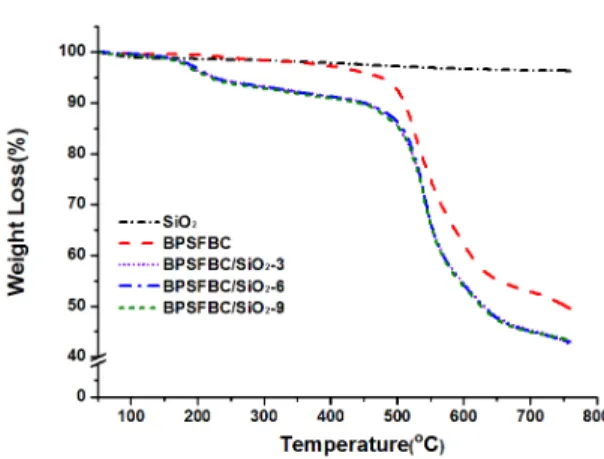 Fig. 1. TGA of samples of SiO 2 , BPSFBC, BPSFBC/SiO 2 -3,  BPSFBC/SiO 2 -6, and BPSFBC/SiO 2 -9