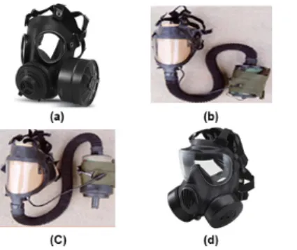Fig. 1. Gas masks for ROK armed forces. (a) K-1  (b)  KM24  (c)  KM25  and  (d)  K5. 특히, 기존 방독면 대비 넓은 시야를 제공함은 물론이 고 일반, 전차, 항공용으로 구분되어 있던 방독면을 통합 하여 전투효율성을 극대화 하였다
