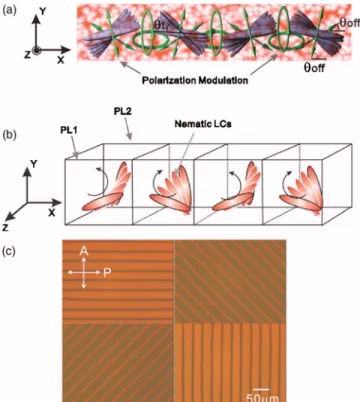 FIG. 1. 共Color online兲 共a兲 Reflection holographic configuration to inscribe the S- and P-polarization modulation in a nematic LC cell with the inset showing a magnified view of the polarization modulation formed on the surface of the azo photoalignment lay