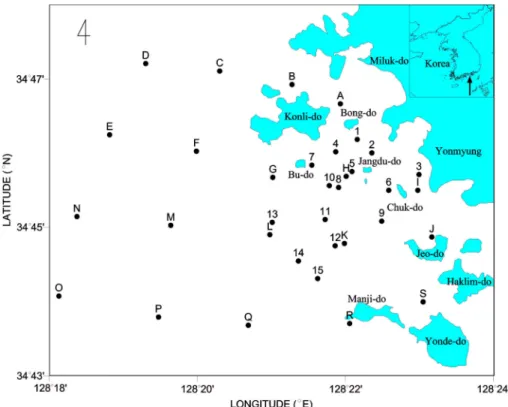 Fig. 1. Map showing location of the sampling area. Station indicated by the number sampled in March and alphabet sampled in May 1999 