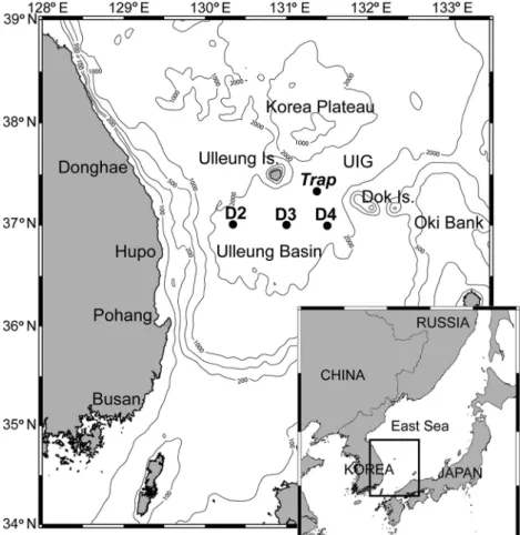 Fig. 1. Study area and sampling sites in the Ulleung Basin, East Sea. Trap is sediment trap mooring site (KORDI, 2003) 