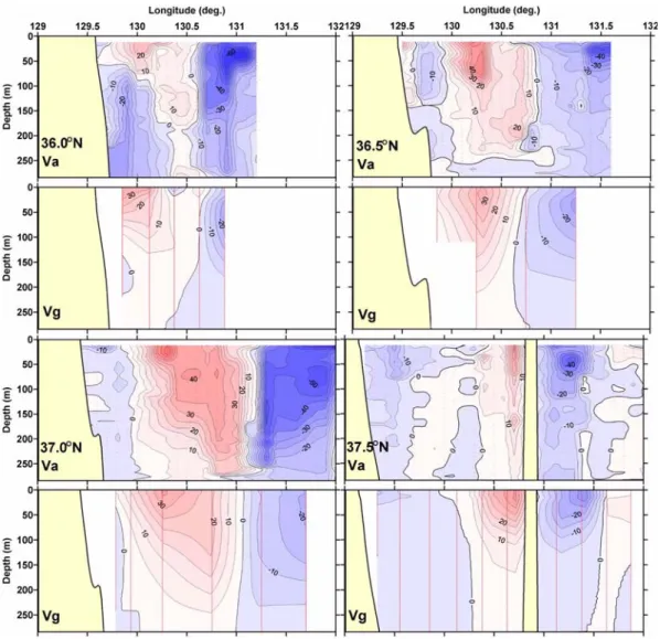 Fig. 10. Vertical sections of meridional velocity measured by the ship-mounted ADCP (Va) and calculated dynamically (Vg)