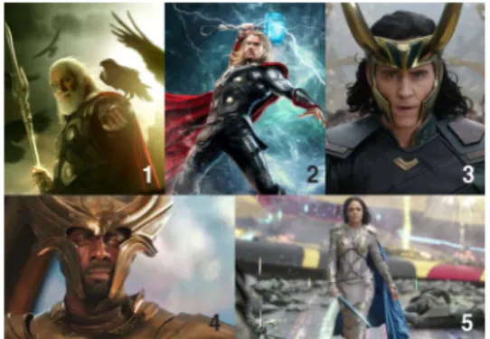 Fig.  1.  Charaters  of  the  movie  Thor 오딘은 신들의 우두머리이자 왕이다. ‘산문 에다’에서 는 다른 신이 아무리 강해도 오딘이 모든 것을 다스리며  모든  신은  그를  아버지처럼  섬긴다고  표현했다