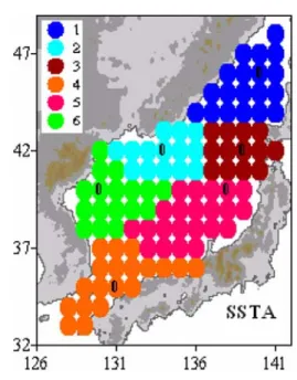 Fig. 2. Six domains in the JES (1-6) corresponding to different types of daily SSTA time series  (1996-2007) classified by cluster analyses (‘k-means’