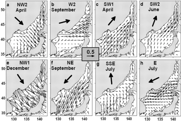 Fig. 1. Typical patterns of wind stress (dyne/cm 2 ) and curl (contours every 2×10 -8  dyne/cm 3 ) over the JES for charac- charac-teristic months