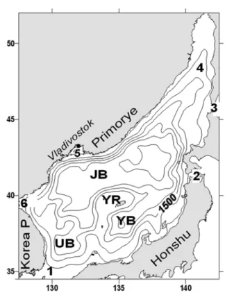 Fig. 3. The scaled bathymetry (m) applied in the model with contours every 500 m. Regions are labeled as follows: Korea Strait (1), Tsugaru Strait (2), La Perouse (Soya) Strait (3), Tatarsky (Mamiya) Strait (4), Peter the Great Bay (5), East Korea Bay (6),