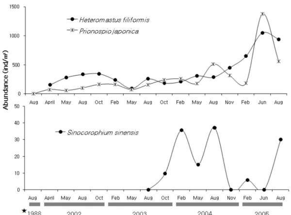 Fig. 8. Temporal  changes  in  the  densities  of  opportunistic  species  in  the  SA  transect  during  the  study  period