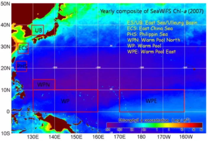 Fig. 1. Study  area  and  yearly  composite  SeaWiFS  chloro- chloro-phyll  a  image  in  2007